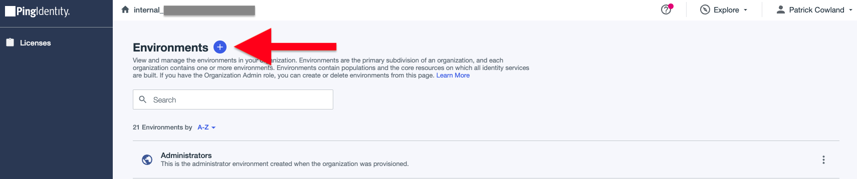 PingOne Administration Console, Add Environment Button