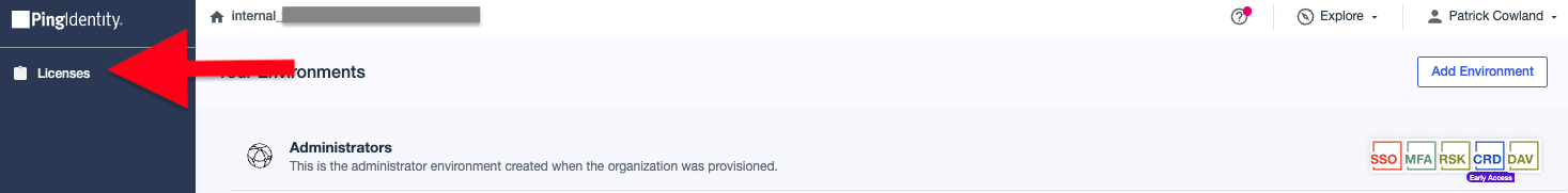 PingOne Administration Console, Licenses Link