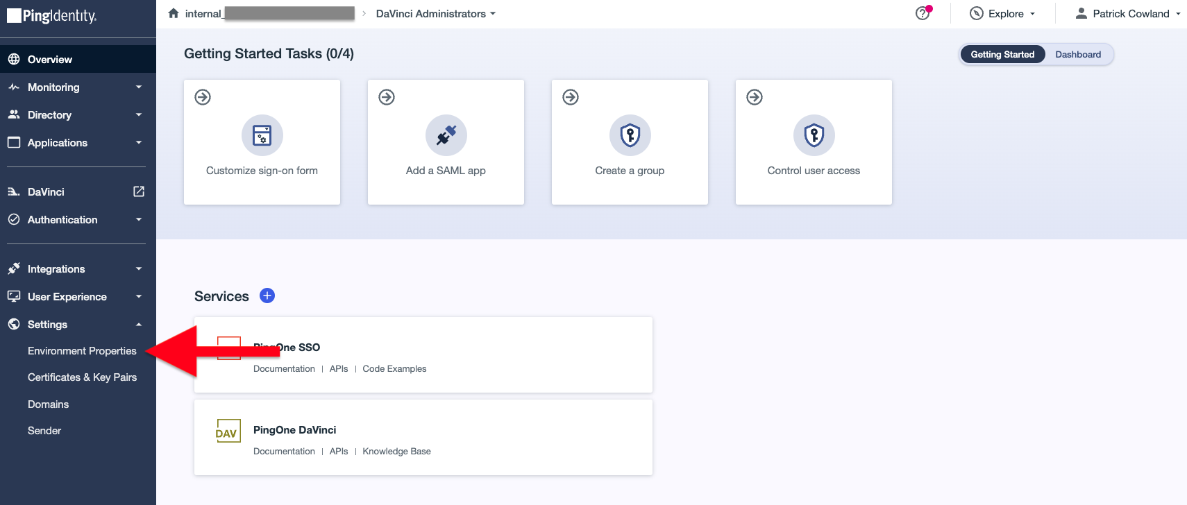 PingOne Administration Console, Environment Properties link