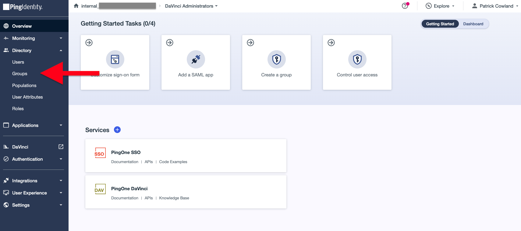 PingOne Administration Console, Groups Link