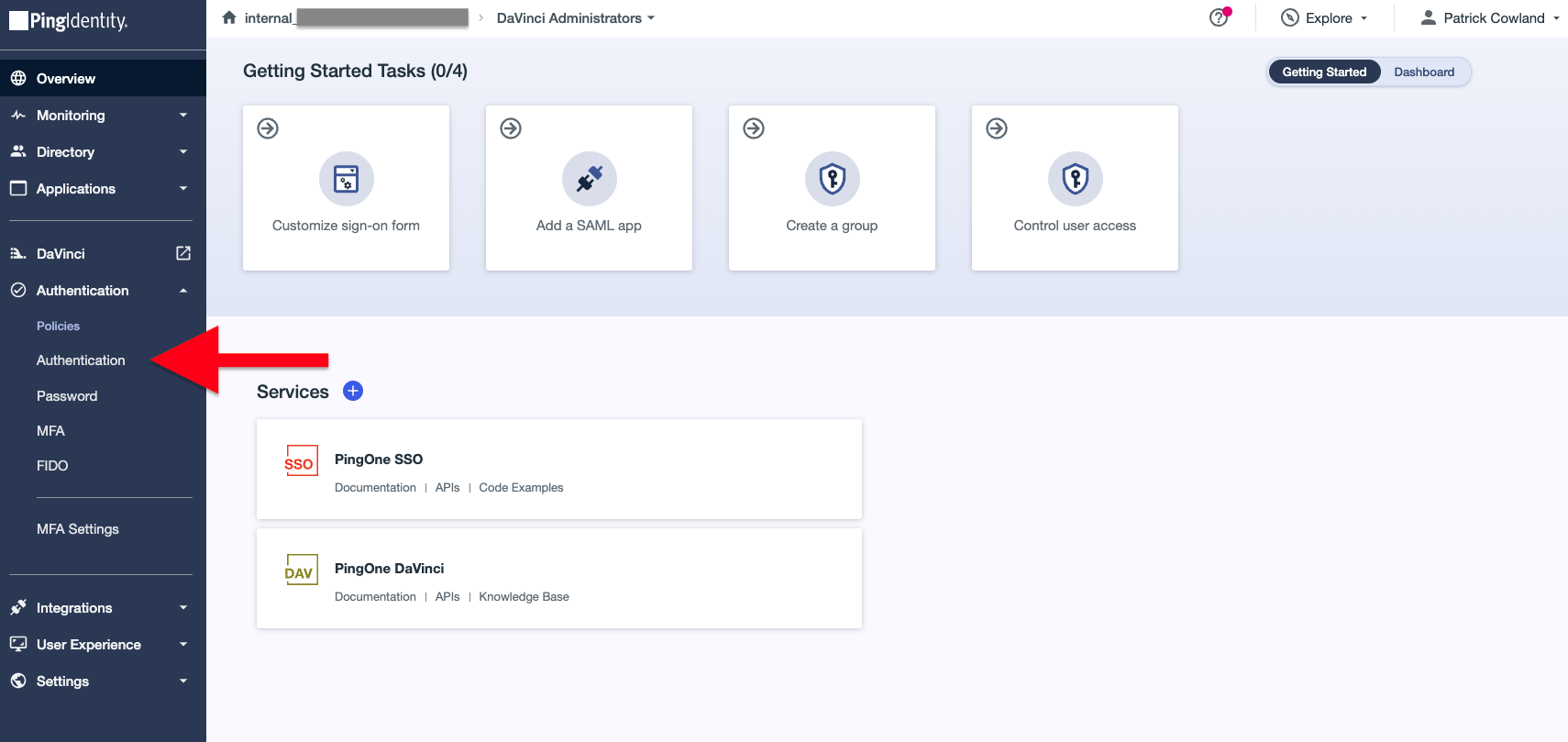 PingOne Administration Console, Authentication Policies Link