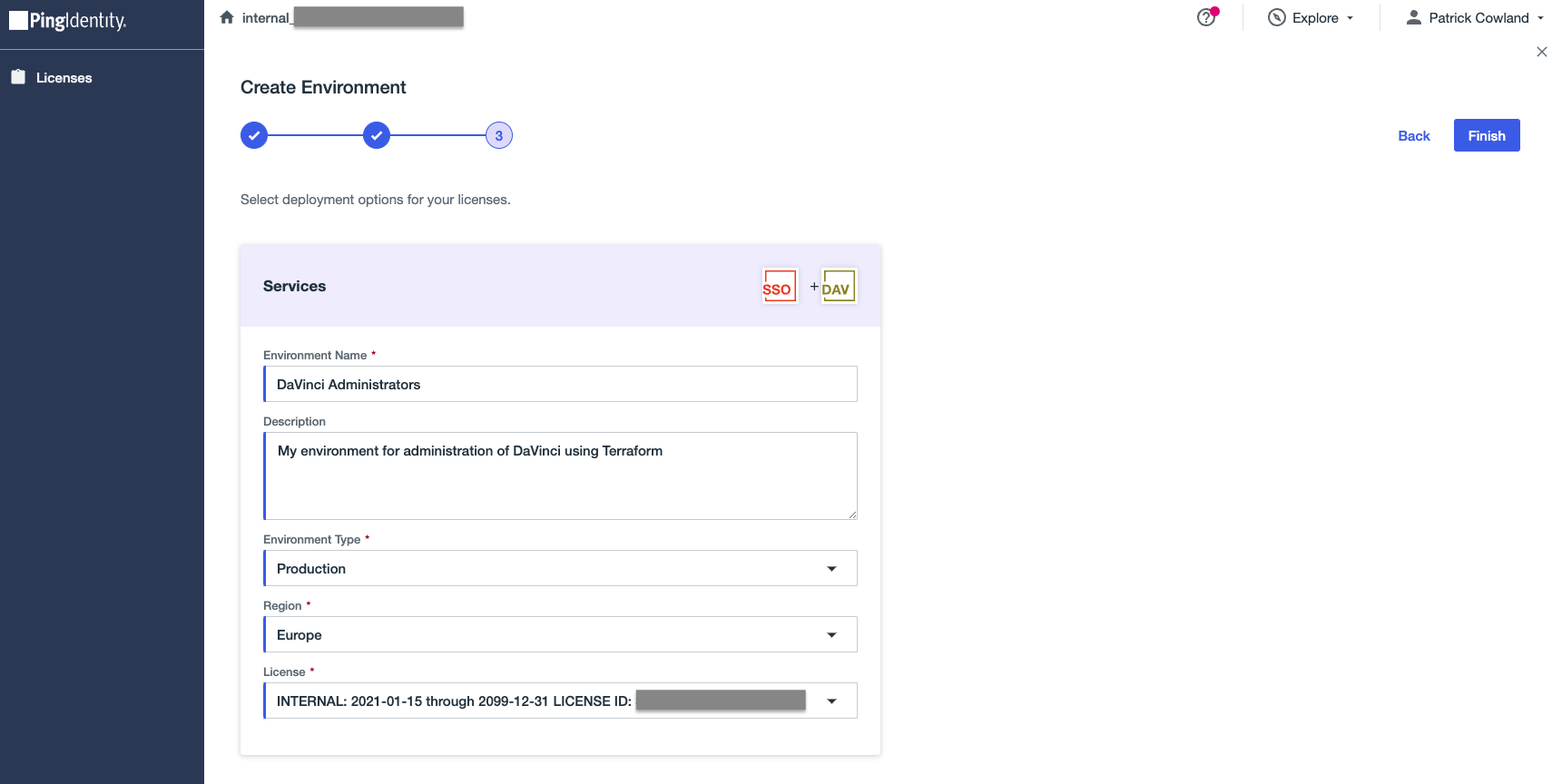 PingOne Administration Console, New Environment Form