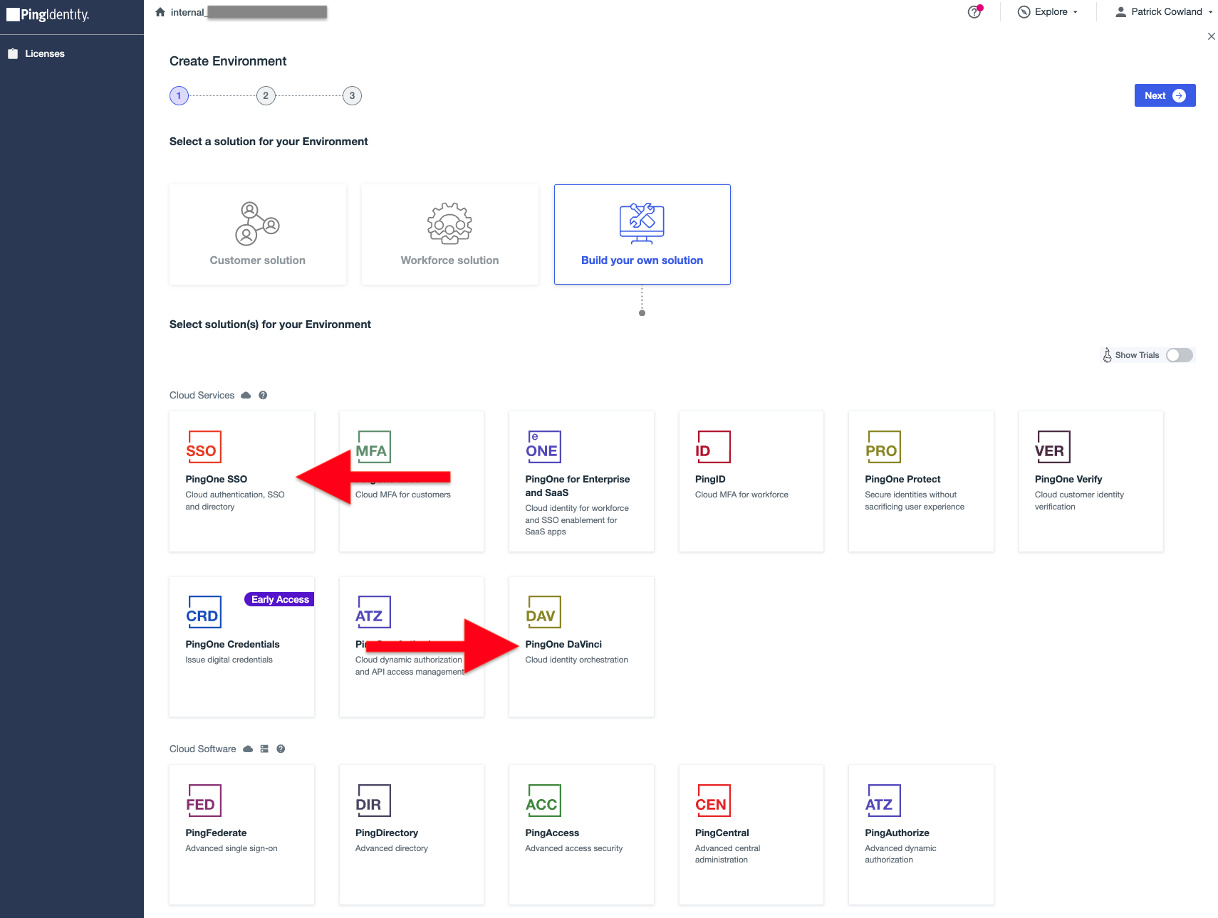 PingOne Administration Console, New Environment, Select Services